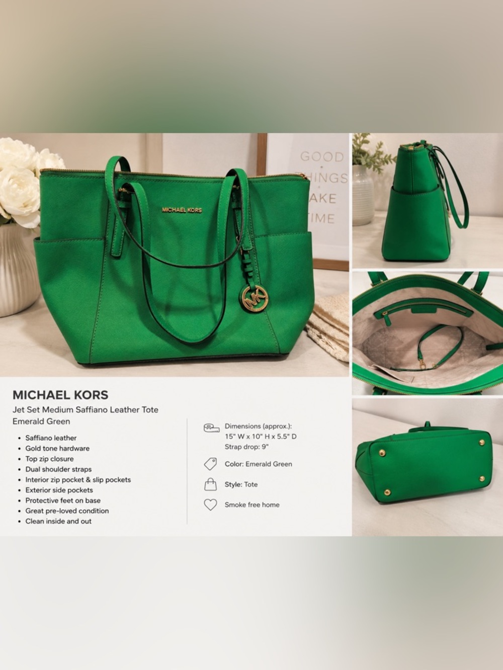 EUC Michael Kors Emerald Green Saffiano Tote with Gold Hardware